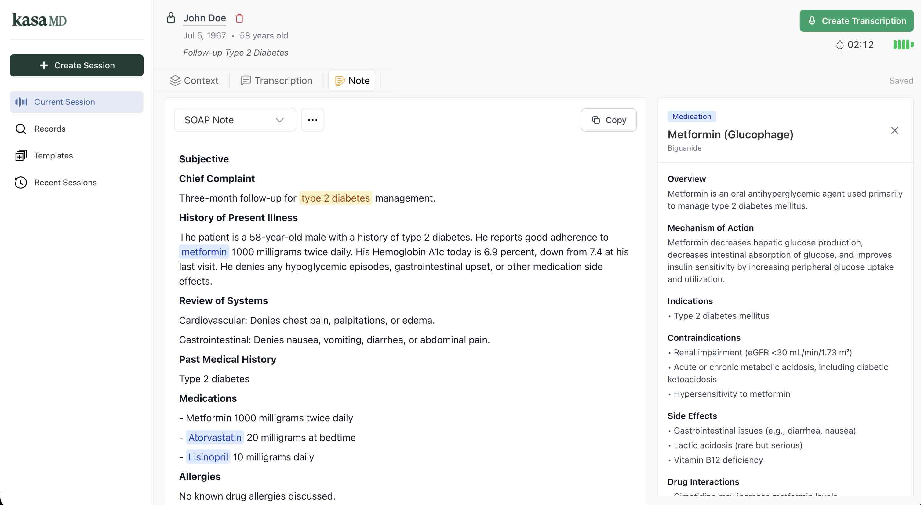 KasaMD application interface showing medical voice dictation and clinical documentation